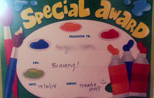 Case in point: He woke up with a bunch of stickers and this bravery certificate on his bed. These little things make a huge difference. Bravo!